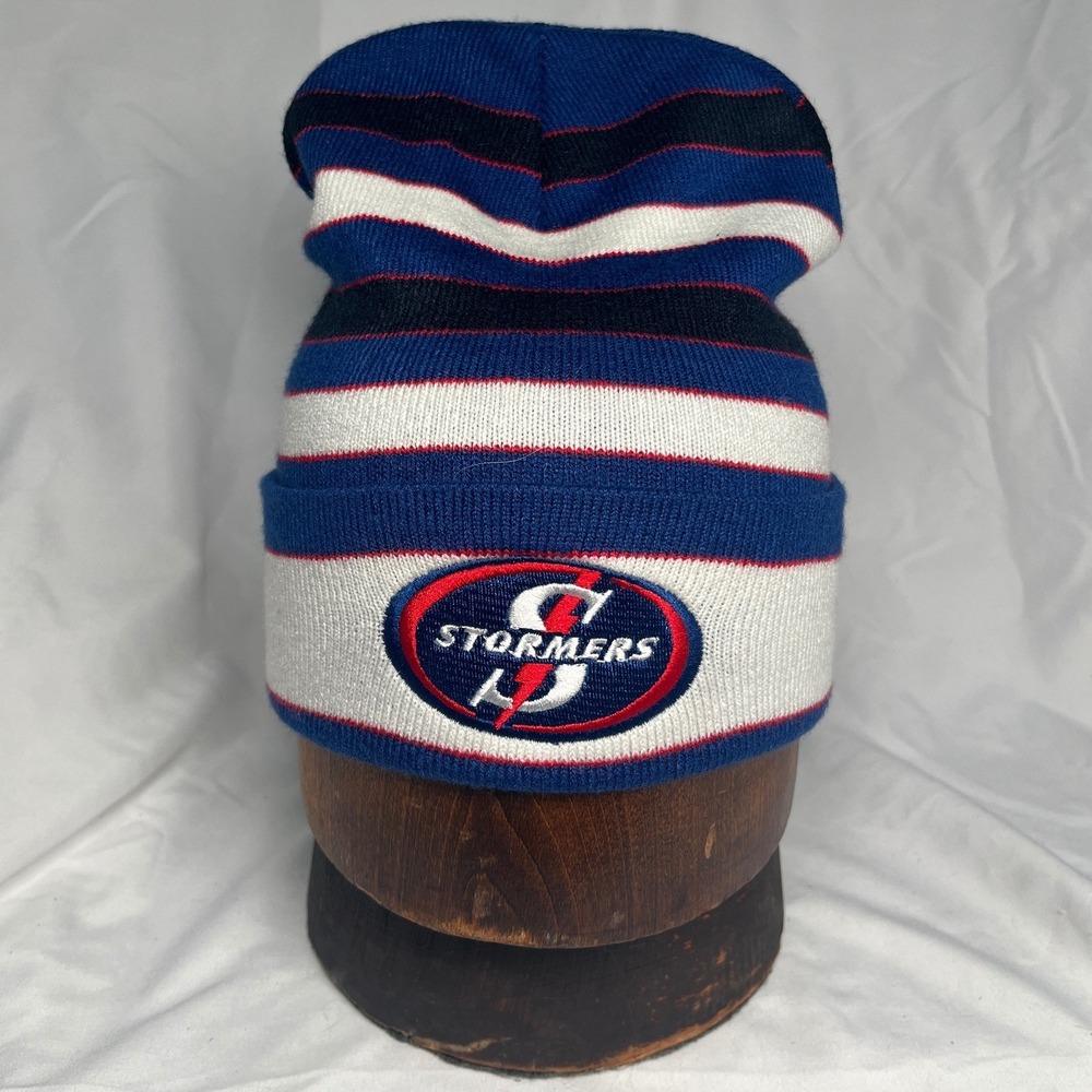 Stormers Rugby Striped Beanie Hat Blue White Black Embroidered Logo Adult Size